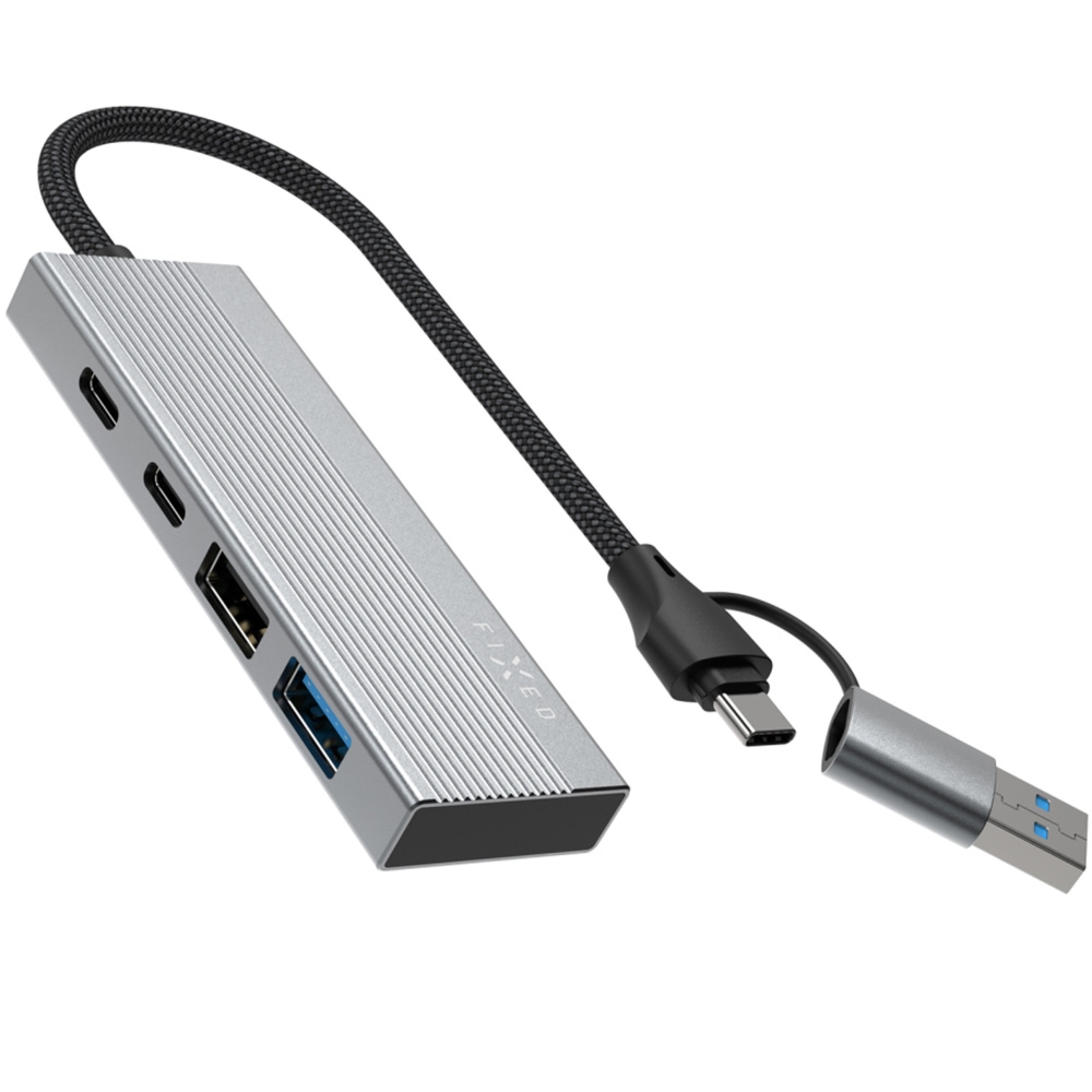 Hub, adapter Fixed Port 4in1, 1x USB-A 2.0 480 Mbps, 1x USB-A 3.0 5 Gbps, 2x USB-C 2.0 480 Mbps, szary