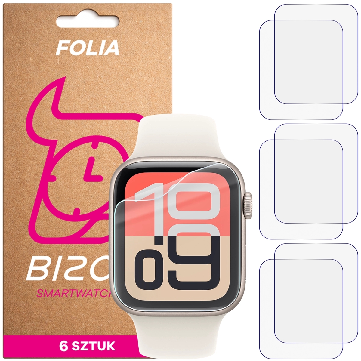 Folia ochronna na ekran zegarka Bizon Watch Film HydroFlex do Apple Watch 4/5/6/7/8/9/SE/SE 2/SE3 44 / 45 mm, 6 sztuk
