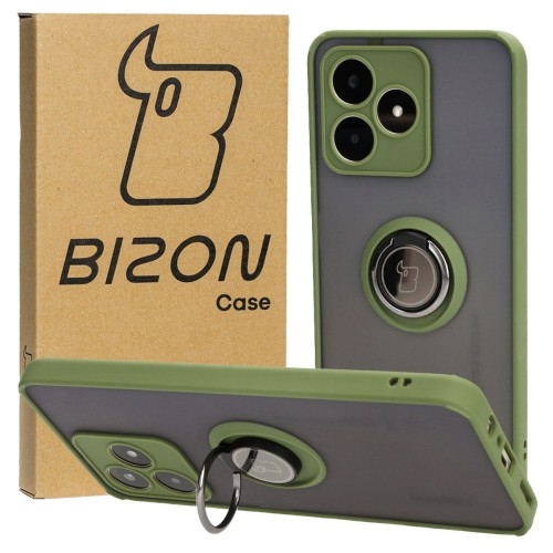 Image of Etui z uchwytem na palec Bizon Case Hybrid Ring do Realme C53 / C51 / Note 50, przydymione z zieloną ramką