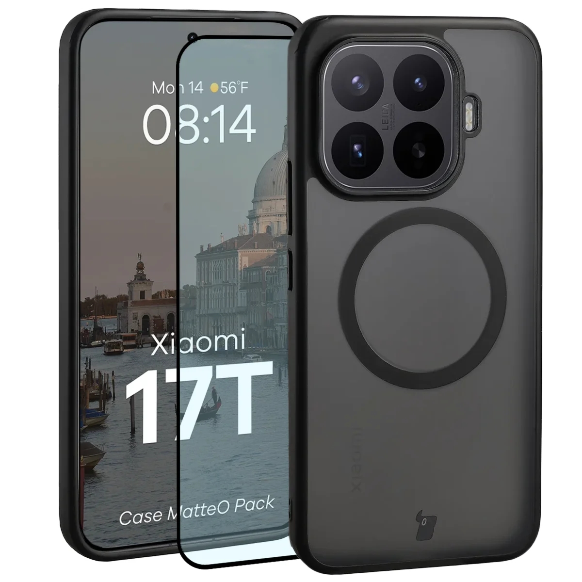 Etui z pierścieniem magnetycznym + szkło hartowane Bizon MatteO Pack do Xiaomi 17T, przydymione-czarne