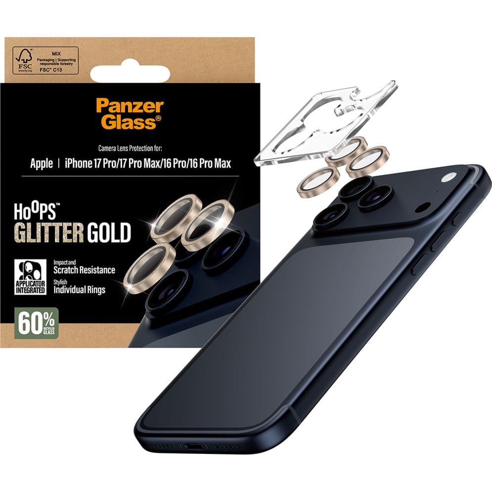 Szkło hartowane na aparat z aplikatorem PanzerGlass Hoops Glitter Gold Camera Lens Protector do iPhone 17 Pro Max / 17 Pro / 16 Pro Max / 16 Pro, przezroczysto-złote