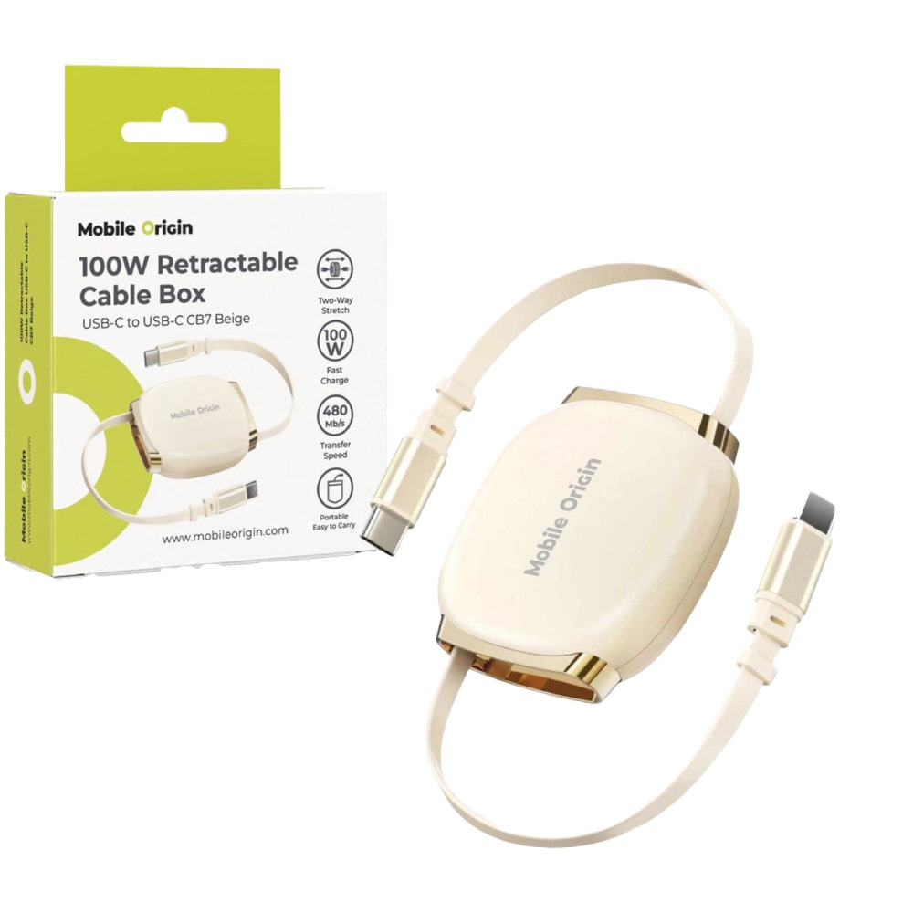 Kabel zwijany Mobile Origin Retractable Cable CB7 USB-C do USB-C, 100W , 1 m, beżowy
