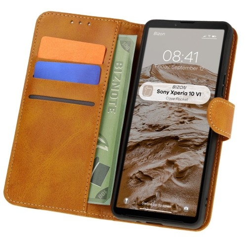 Image of Etui z klapką Bizon Case Pocket do Sony Xperia 10 VI, brązowe