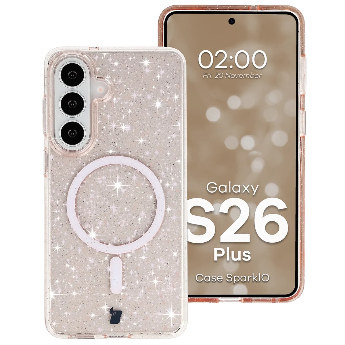Etui brokatowe z pierścieniem magnetycznym Bizon Case SparklO do Galaxy S26 Plus, przezroczysto-jasnopomarańczowe z brokatem