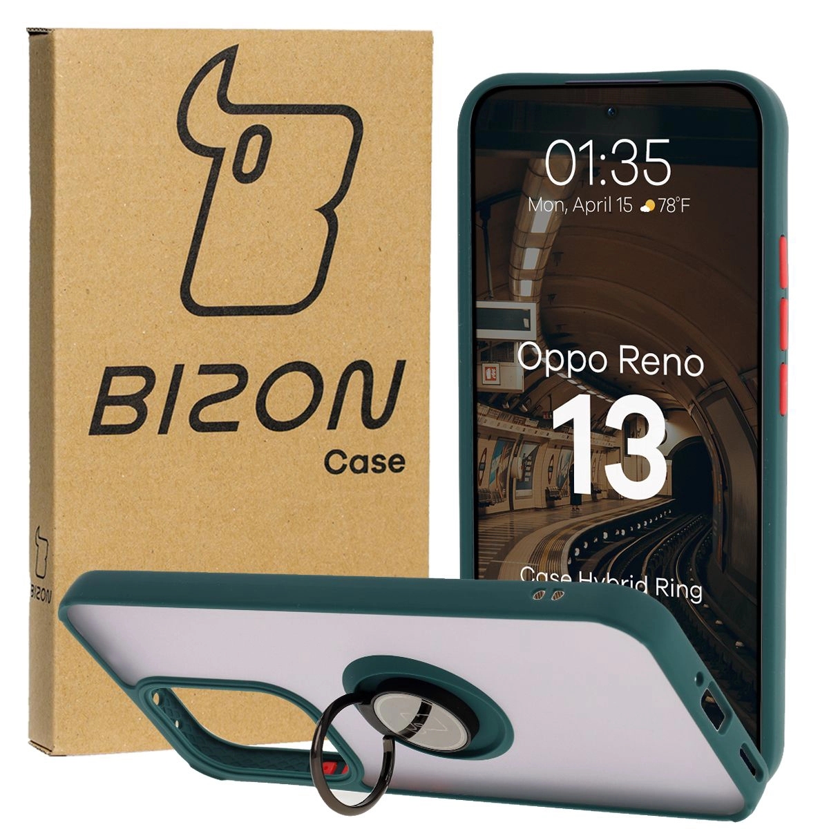 Image of Etui z uchwytem na palec Bizon Case Hybrid Ring do Oppo Reno13, przydymione z ciemnozieloną ramką
