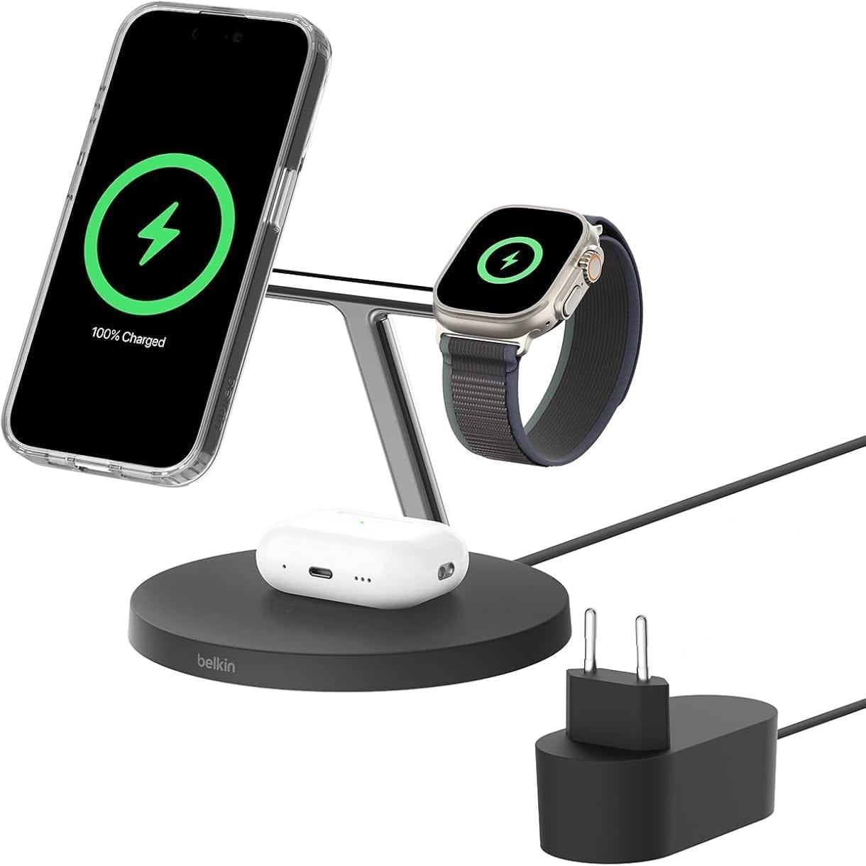 Image of Ładowarka indukcyjna Belkin Boost Pro 3-in-1 Qi2 15W dla Apple Watch / AirPods / iPhone z MagSafe +PSU WIZ032, czarna