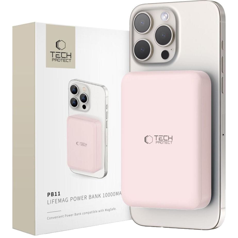 Image of Powerbank z ładowaniem indukcyjnym 10000mAh 15W + kabel USB-C 0.5m, Tech-Protect PB11 Lifemag, różowy