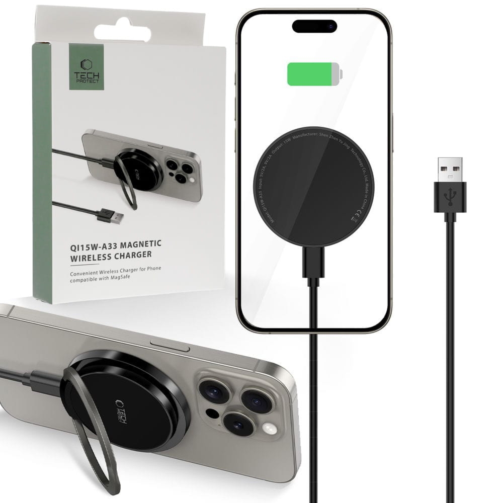 OUTLET: Ładowarka indukcyjna Tech-Protect Qi15W A33 Magnetic Wireless Charger do MagSafe, Qi + kabel USB-C, 1m, czarna