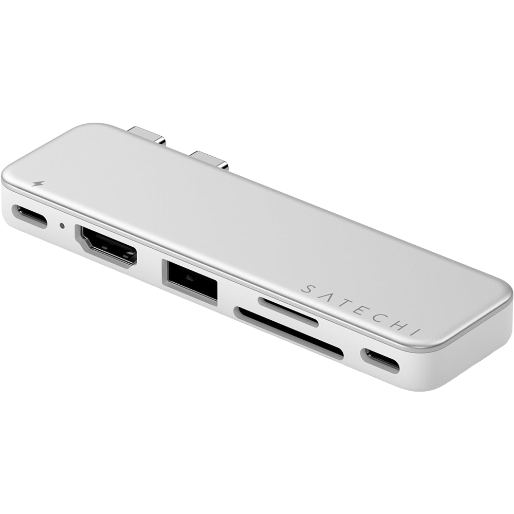 Adapter USB-C do MacBook Neo / Air / Pro, Satechi Snap Hub, USB-C PD 45W / USB-A + USB-C 5 Gb/s / HDMI 4K / czytnik kart, srebrne