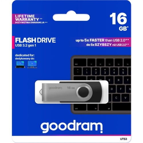 Image of Pendrive USB-A 3.2 Gen 1, Goodram UTS 3 16GB, 60MB/s, czarny