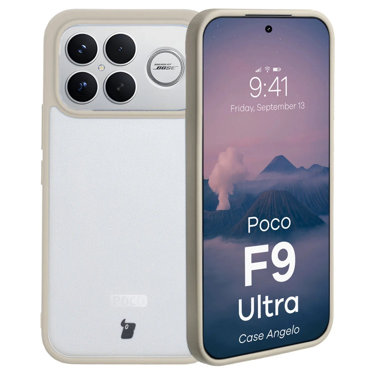Etui Bizon Case Angelo do Xiaomi POCO F9 Ultra, półprzezroczyste z beżową ramką