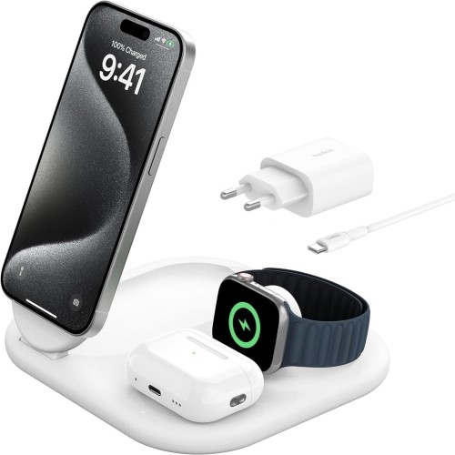 Image of Ładowarka indukcyjna Belkin Boost Foldable 3w1 Qi2 15W WIZ029 dla iPhone z MagSafe / Apple Watch / AirPods, biała