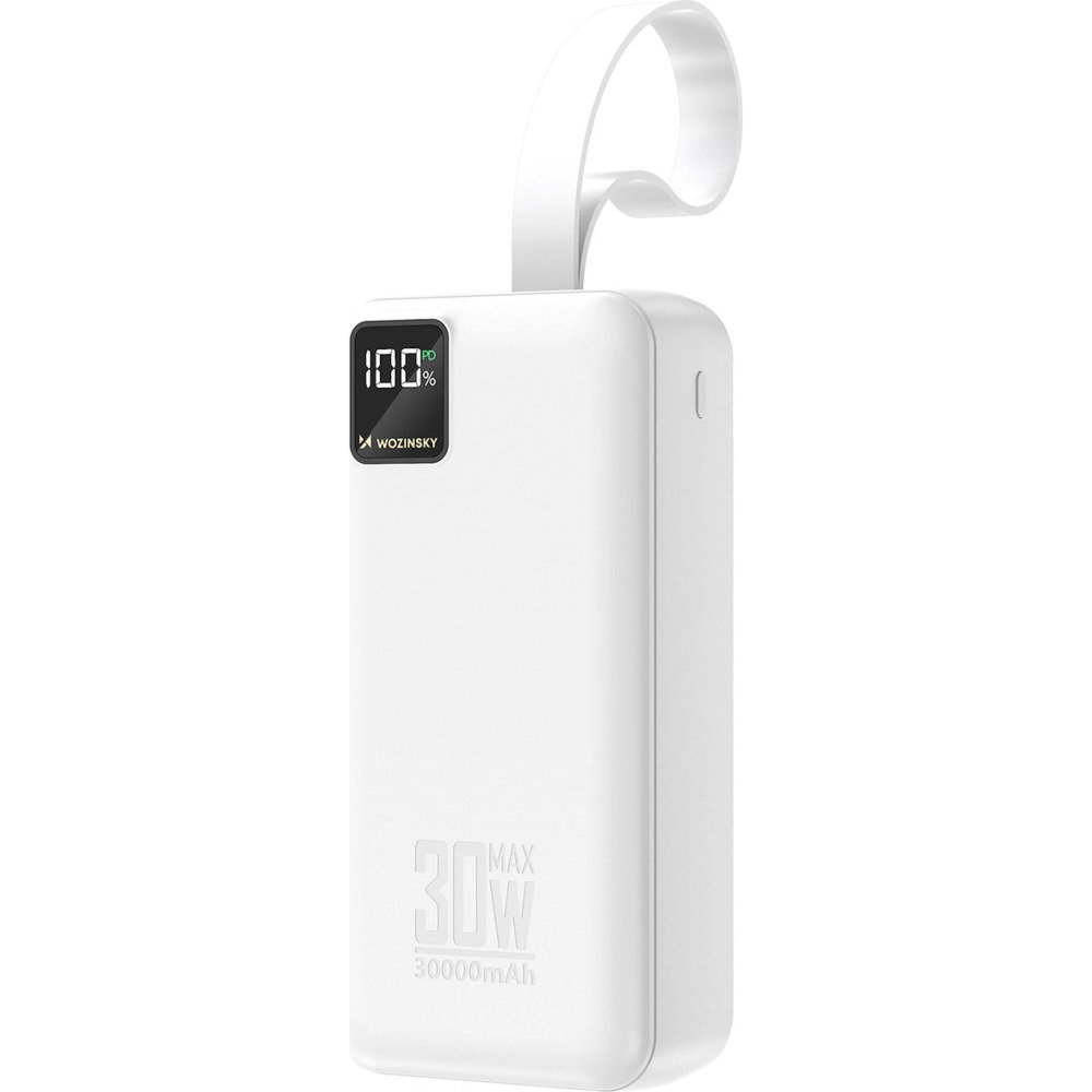 Powerbank Wozinsky WZ8 z wyświetlaczem i latarką LED, 30000 mAh, PD 30W, 1x USB-C, 2x USB-A, biały