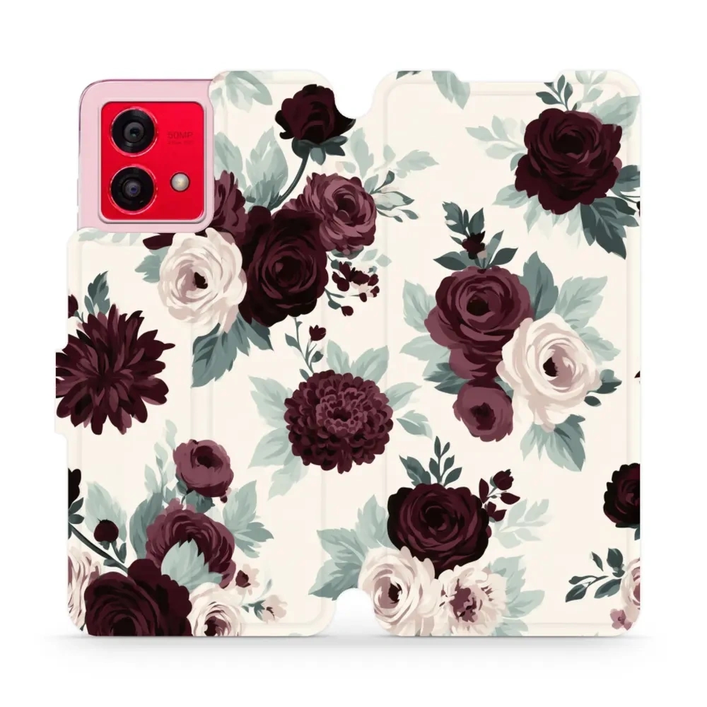 Etui z klapką do Motorola Moto G84 5G, Mobiwear Book, róże z szałwią na kremie