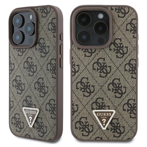 Image of Etui Guess Hardcase Leather 4G Triangle Strass do iPhone 16 Pro, brązowe