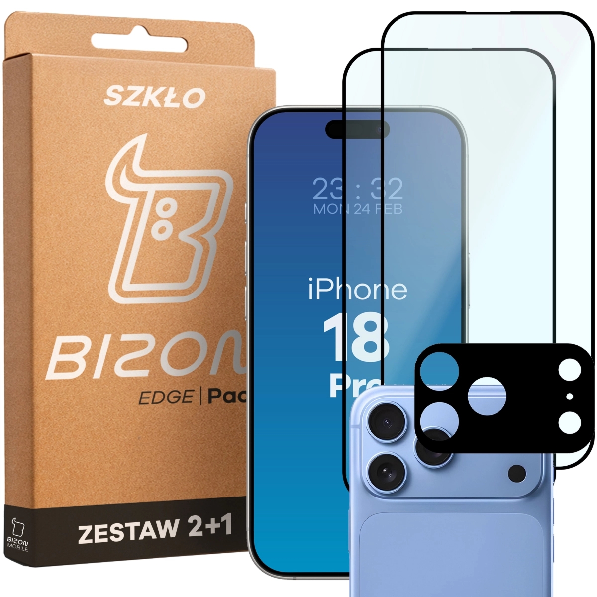 2x Szkło + szybka na aparat Bizon Glass Edge Pack do iPhone 18 Pro