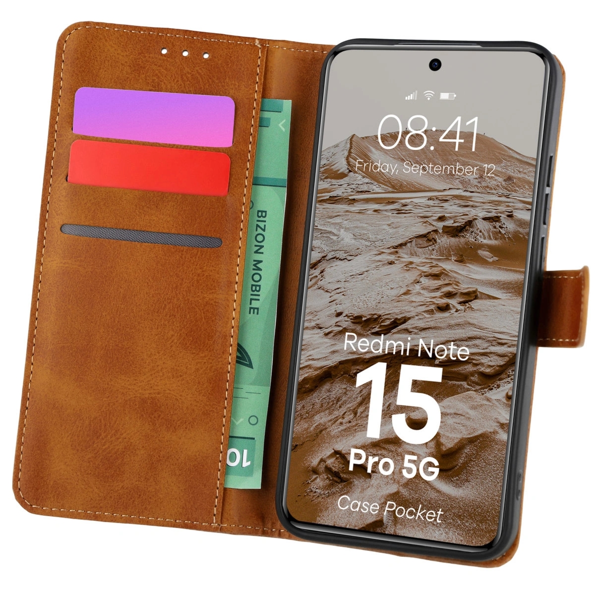 Etui z klapką Bizon Case Pocket do Xiaomi Redmi Note 15 Pro 5G, brązowe
