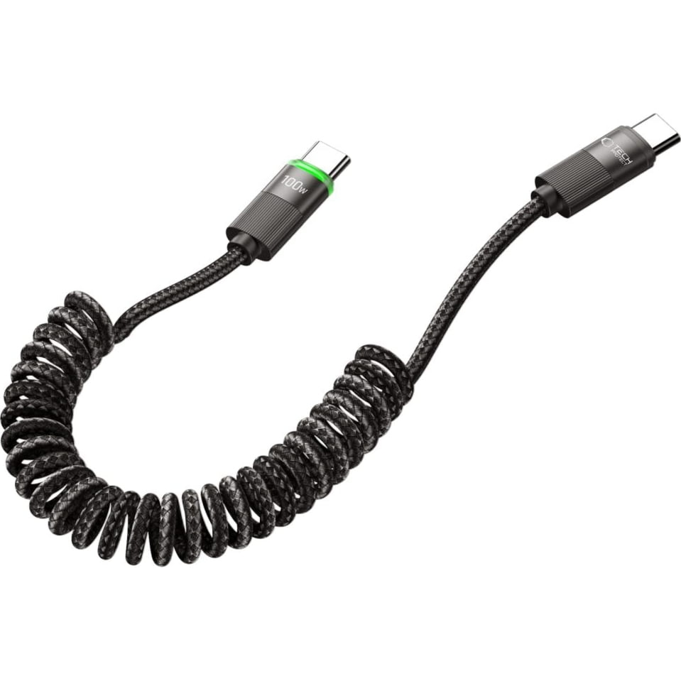 Kabel sprężynowy Tech-Protect UltraBoost UB20T USB-C do USB-C 100W 5A PD 1,8 m, czarny
