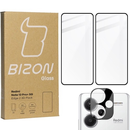 Image of Szkło hartowane Bizon Glass Edge 2 3D Pack - 2 sztuki + ochrona na obiektyw, Xiaomi Redmi Note 13 Pro+ 5G, czarne