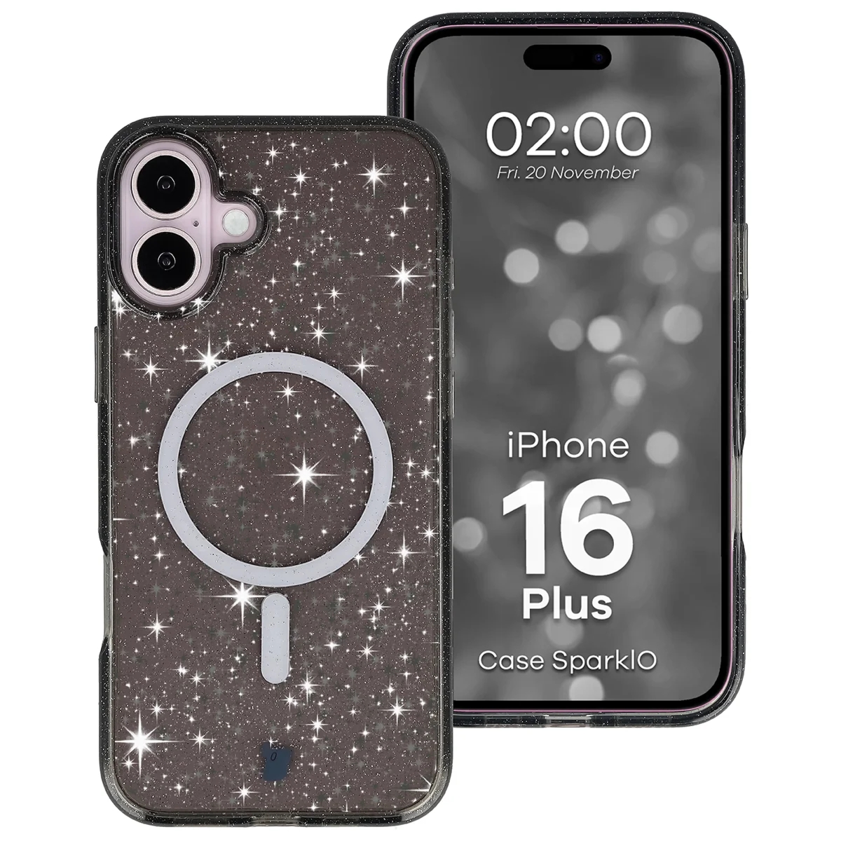 Etui brokatowe z pierścieniem magnetycznym Bizon Case SparklO do iPhone 16 Plus, przezroczysto-czarne z brokatem