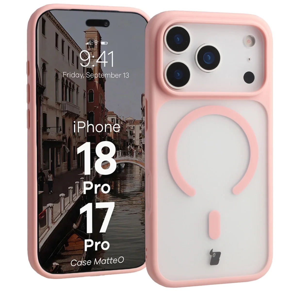 Etui z pierścieniem magnetycznym Bizon Case MatteO do iPhone 18 Pro / 17 Pro, przydymione-jasnoróżowe