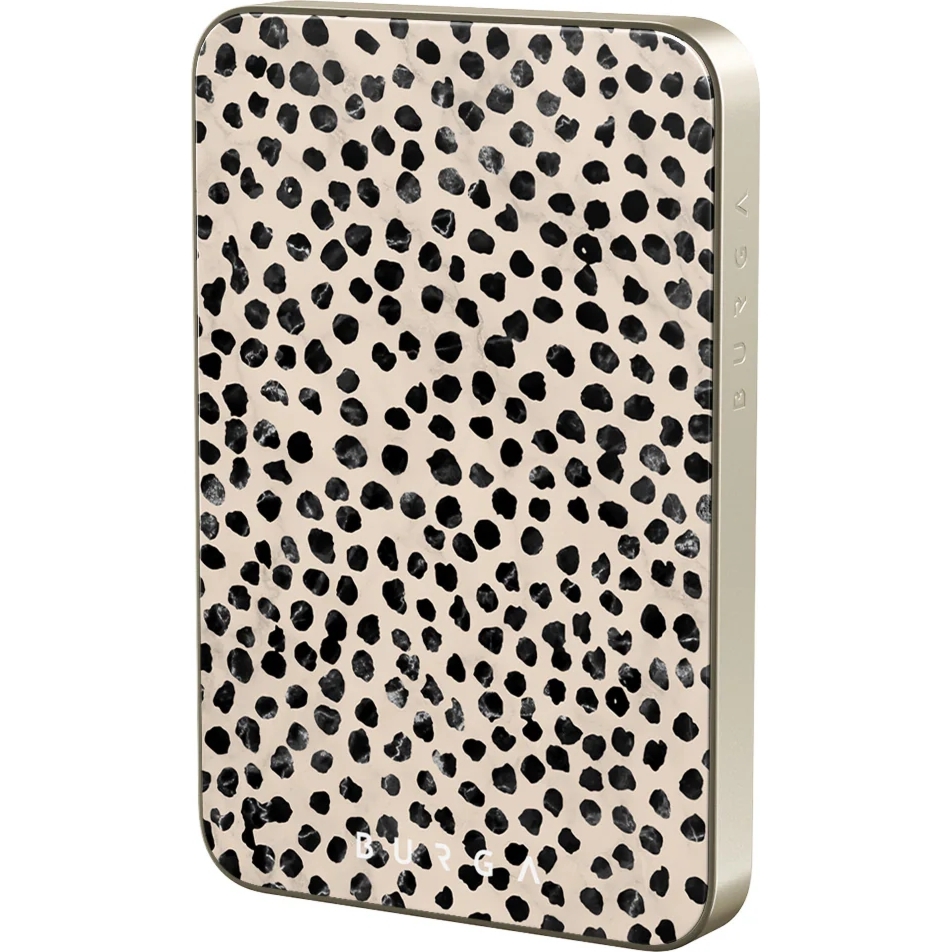 Powerbank indukcyjny Burga Magnetic Gold Almond Latte, magnetyczny do MagSafe, Qi, USB-C, PD, 20W, 5000mAh + kabel USB-C, złoty w wzór beżowy z czarnymi kropkami