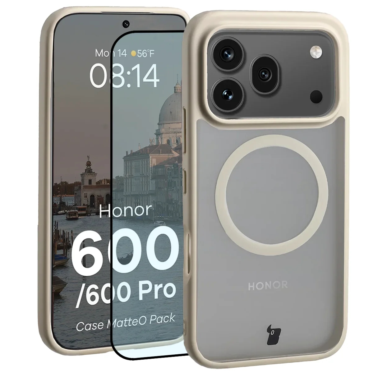 Etui z pierścieniem magnetycznym + szkło hartowane Bizon MatteO Pack do Honor 600 5G / 600 Pro 5G, przydymione-beżowe