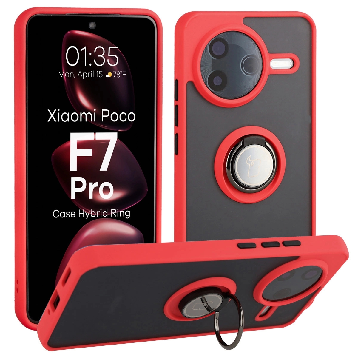 Image of Etui z uchwytem na palec Bizon Case Hybrid Ring do Xiaomi POCO F7 Pro, przydymione z czerwoną ramką