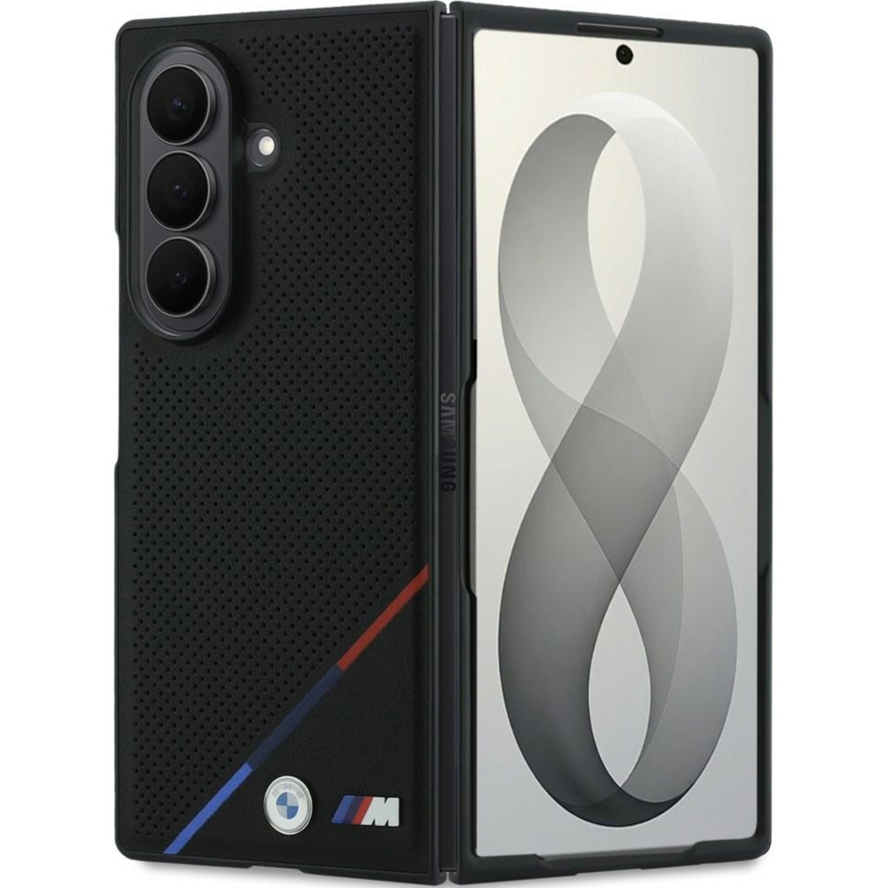 Etui BMW M Leather Perforated Tricolor Stripe Metal Logos MagSafe do Galaxy Z Fold8 Ultra, czarne