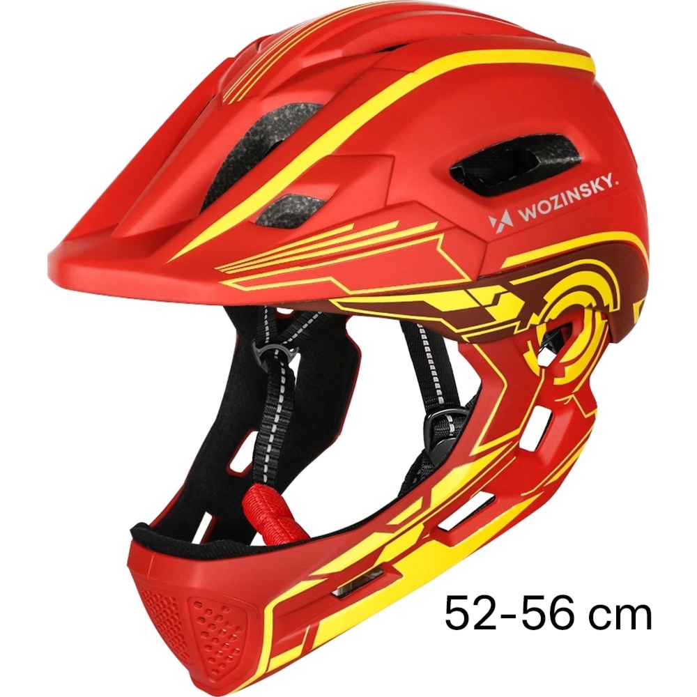 Kask rowerowy dziecięcy 52-56 cm fullface Wozinsky HT-27CZ z tylną lampką, czerwono-żółty