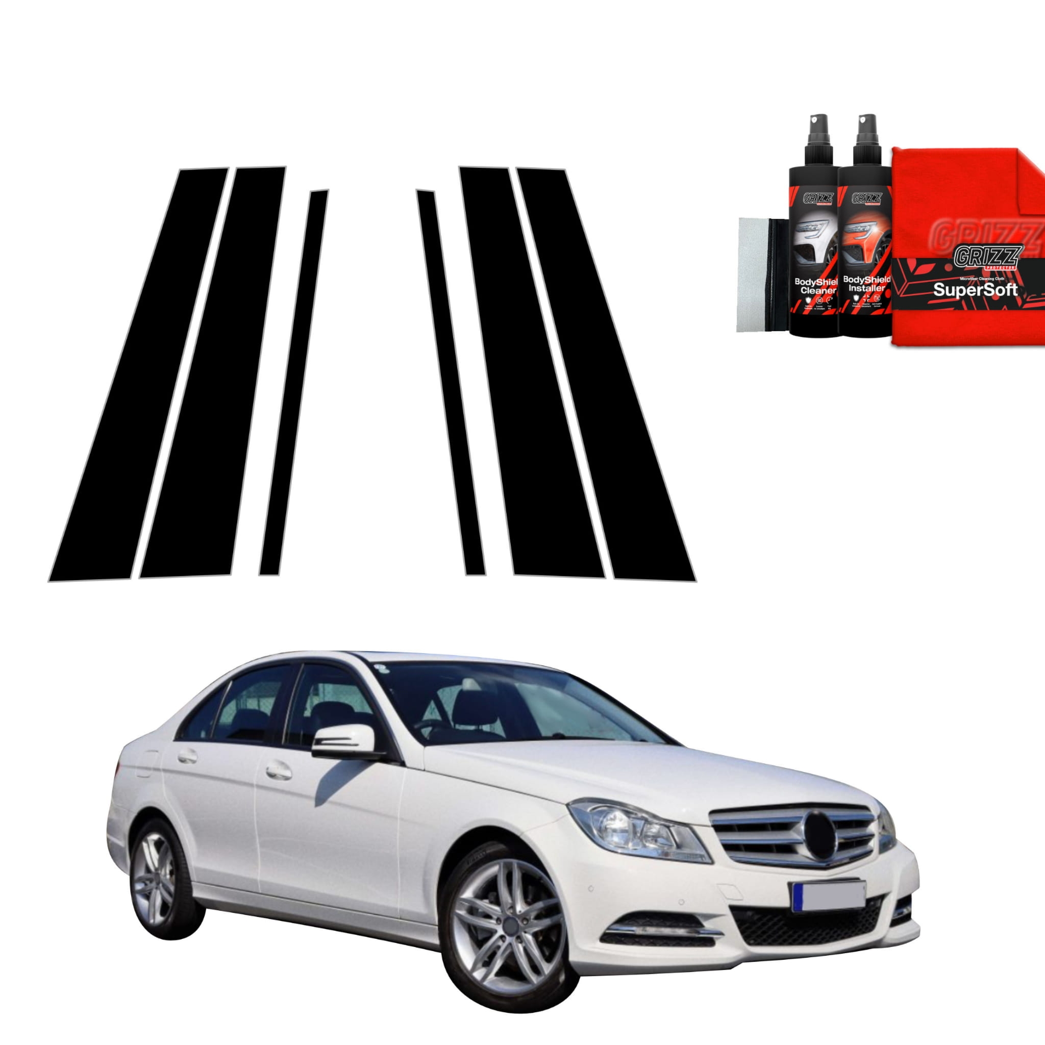 6w1 Czarna folia Grizz Protector na słupki do Mercedes Benz C Klasa W204 Sedan Facelifting (2011-2014)