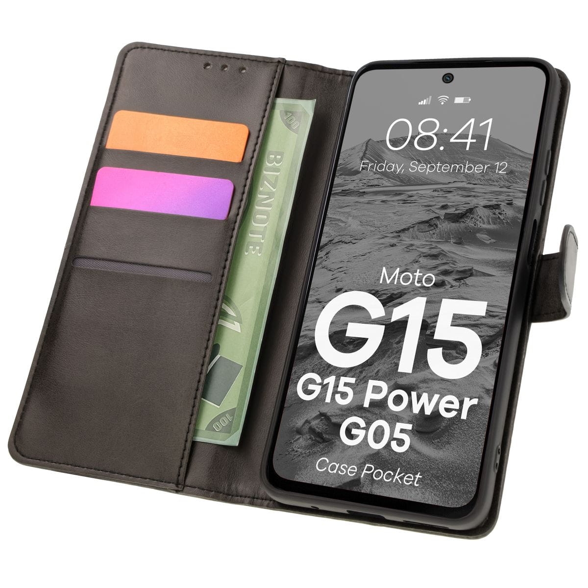 Image of Etui z klapką Bizon Case Pocket do Motorola Moto G15 / G15 Power / G05, czarne