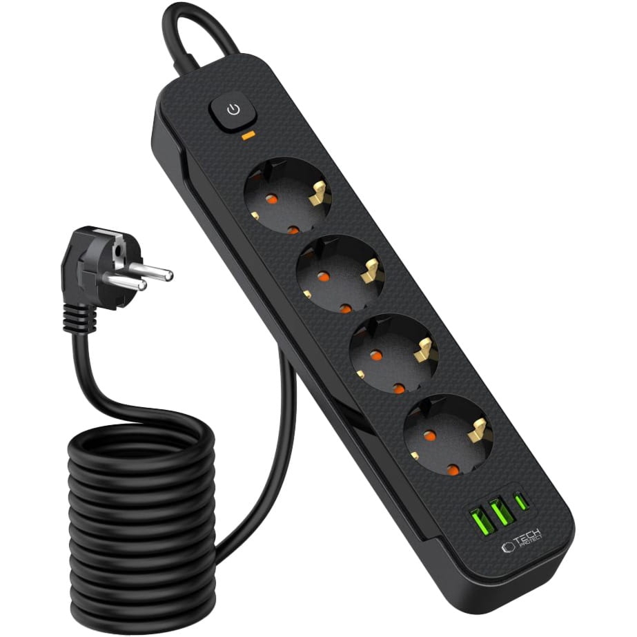 Listwa zasilająca/ przedłużacz Tech-Protect PC4x3, 4x gniazdo sieciowe Schuko, 1x USB-C, 2x USB-A, wraz z kablem 1.85m, czarna