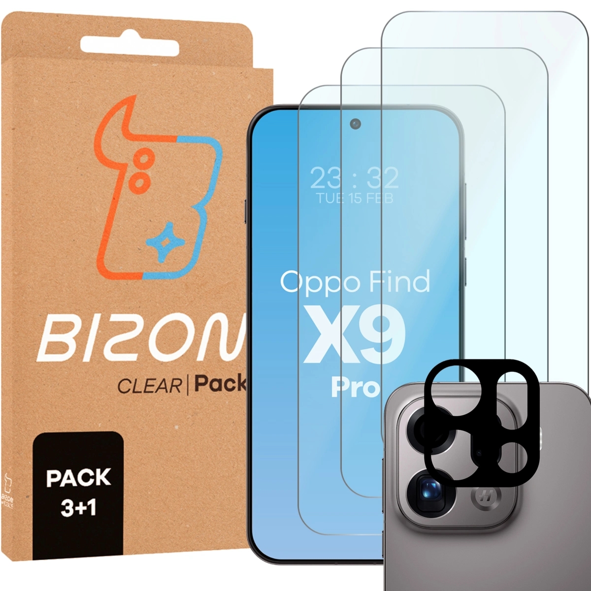 3x Szkło hartowane + szybka na aparat Bizon Glass Clear Pack do Oppo Find X9 Pro