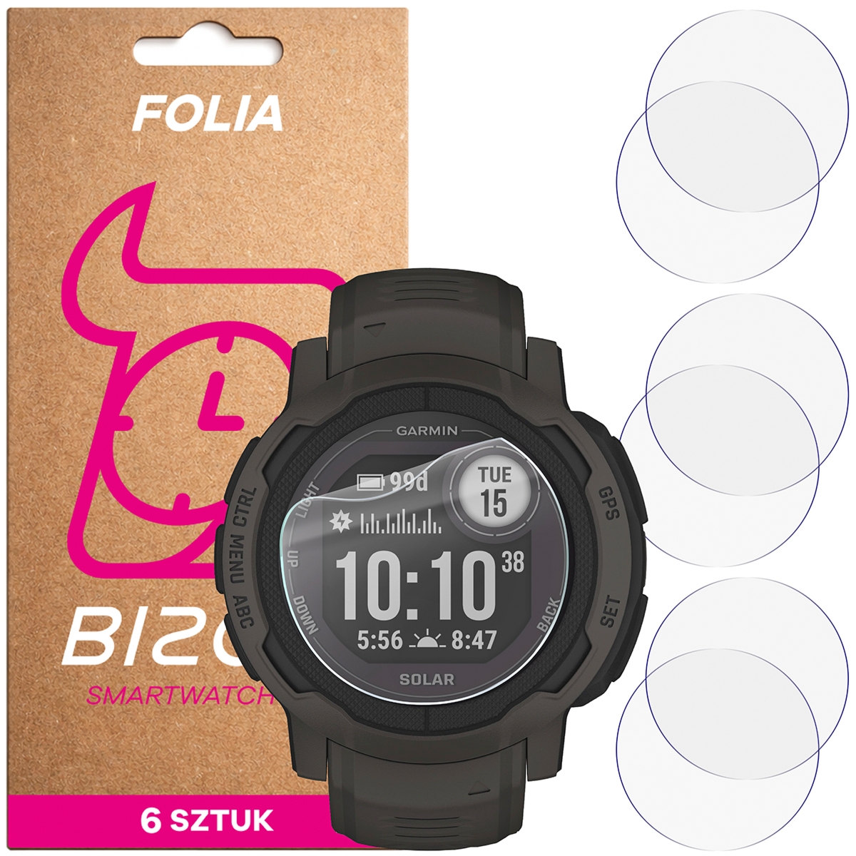 Folia ochronna na ekran zegarka Bizon Watch Film HydroFlex do Garmin Instinct 2 Solar, 6 sztuk