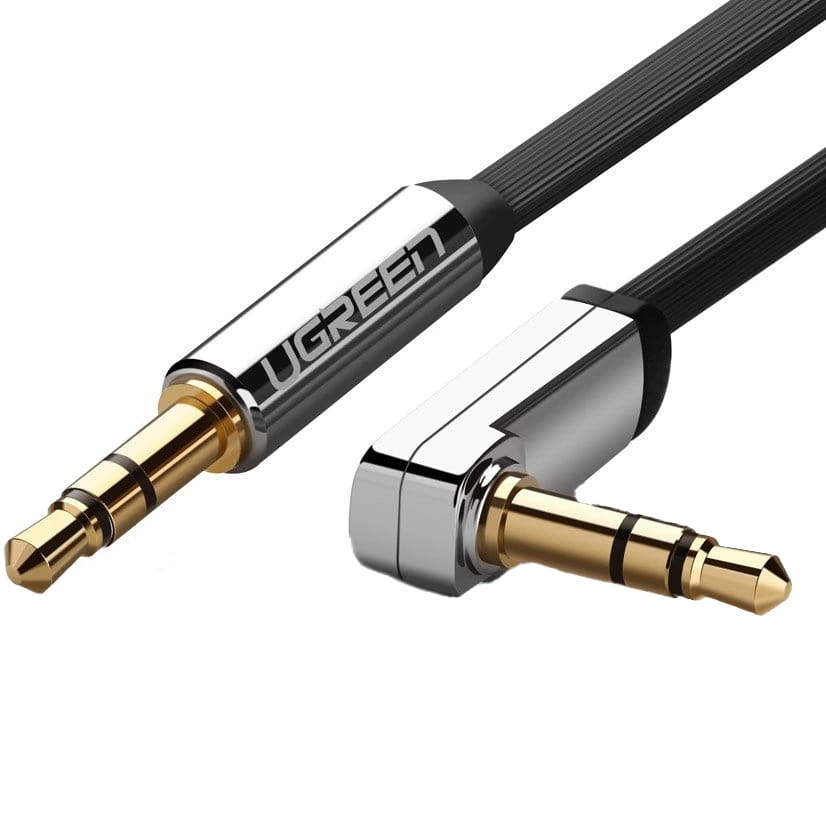 Image of Kabel płaski audio Ugreen AUX 3,5mm mini jack (2x męski) 1m, czarny ze srebrnymi wtyczkami