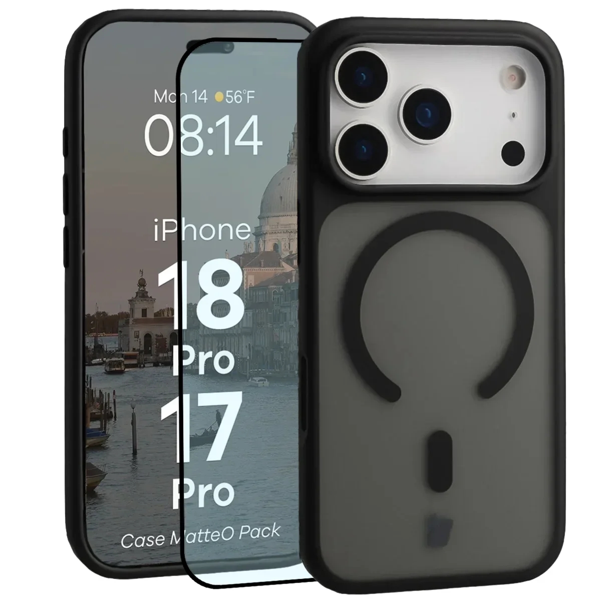 Etui z pierścieniem magnetycznym + szkło hartowane Bizon MatteO Pack do iPhone 18 Pro / 17 Pro, przydymione-czarne