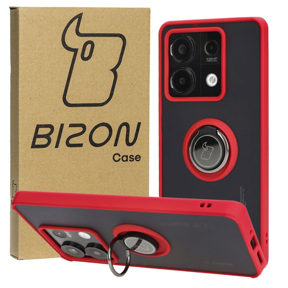 Image of Etui z uchwytem na palec Bizon Case Hybrid Ring do Xiaomi Redmi Note 13 5G, przydymione z czerwoną ramką