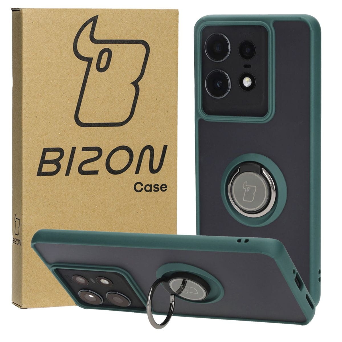 Image of Etui z uchwytem na palec Bizon Case Hybrid Ring do Motorola Edge 50 Pro, przydymione z ciemnozieloną ramką