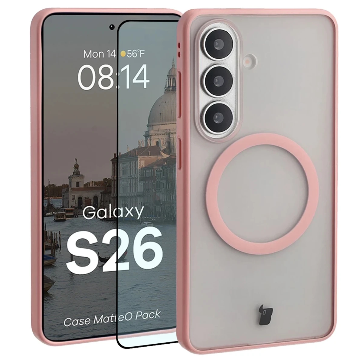 Etui z pierścieniem magnetycznym + szkło hartowane Bizon MatteO Pack do Galaxy S26, przydymione-jasnoróżowe
