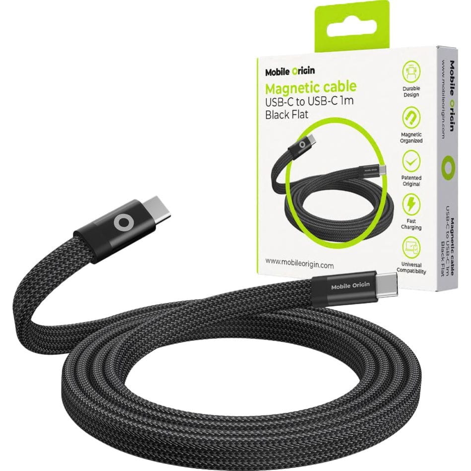 Kabel magnetyczny Mobile Origin Magnetic Flat USB-C / USB-C, QC 3.0, PD 2.0, 60W, 480 Mbps, 1m, czarny
