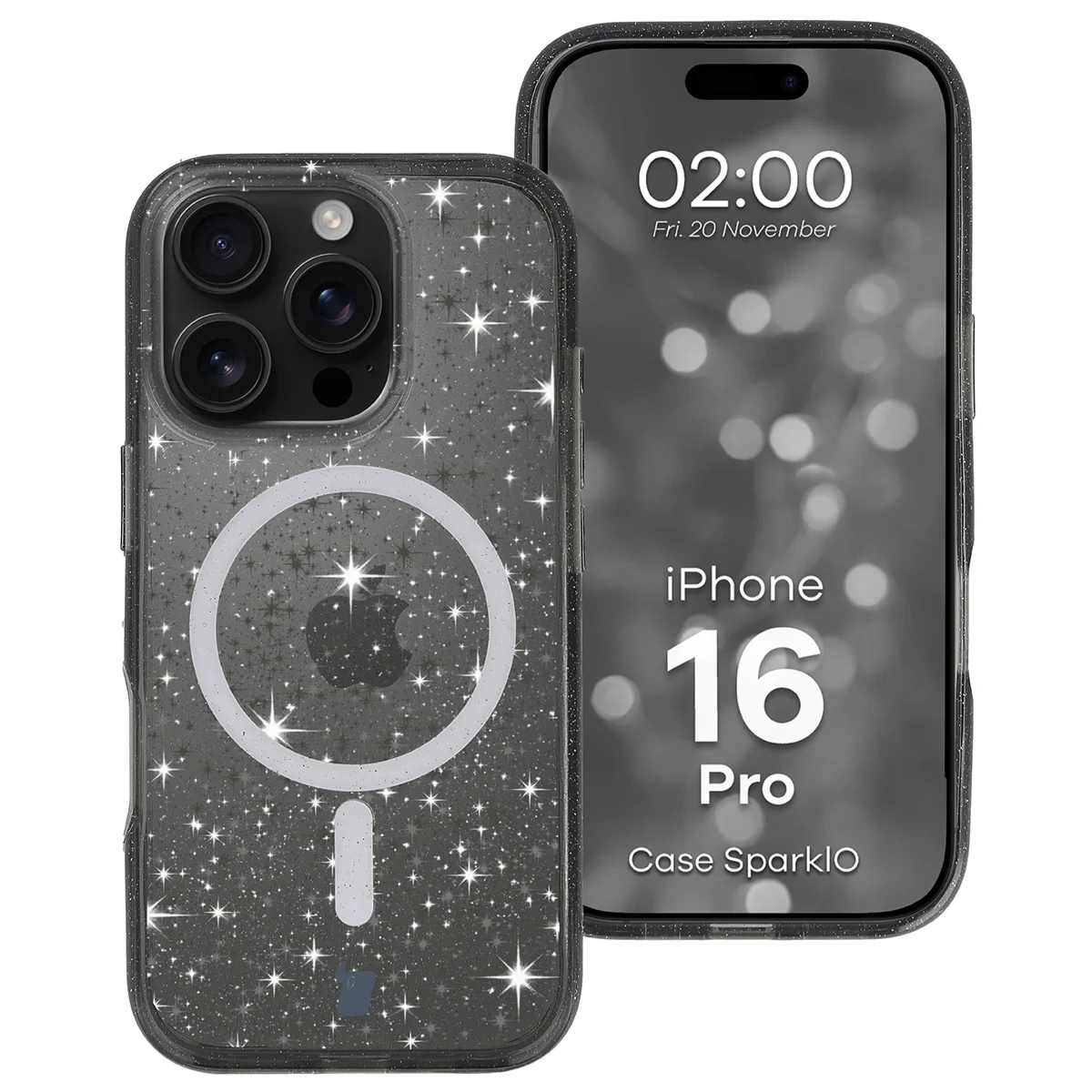 Etui brokatowe z pierścieniem magnetycznym Bizon Case SparklO do iPhone 16 Pro, przezroczysto-czarne z brokatem