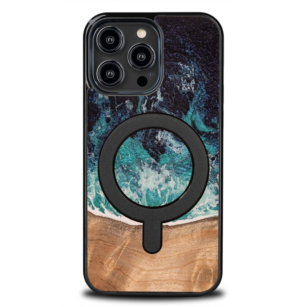 Drewniane etui do iPhone 14 Pro Max, Bewood Unique Dream Island do MagSafe, niebiesko-brązowe