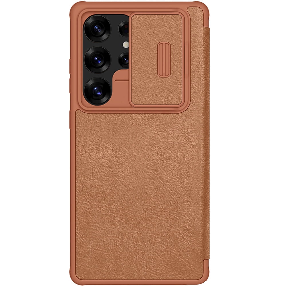 Image of Etui z klapką i ochroną aparatu Nillkin Qin Pro do Galaxy S25 Ultra, brązowe