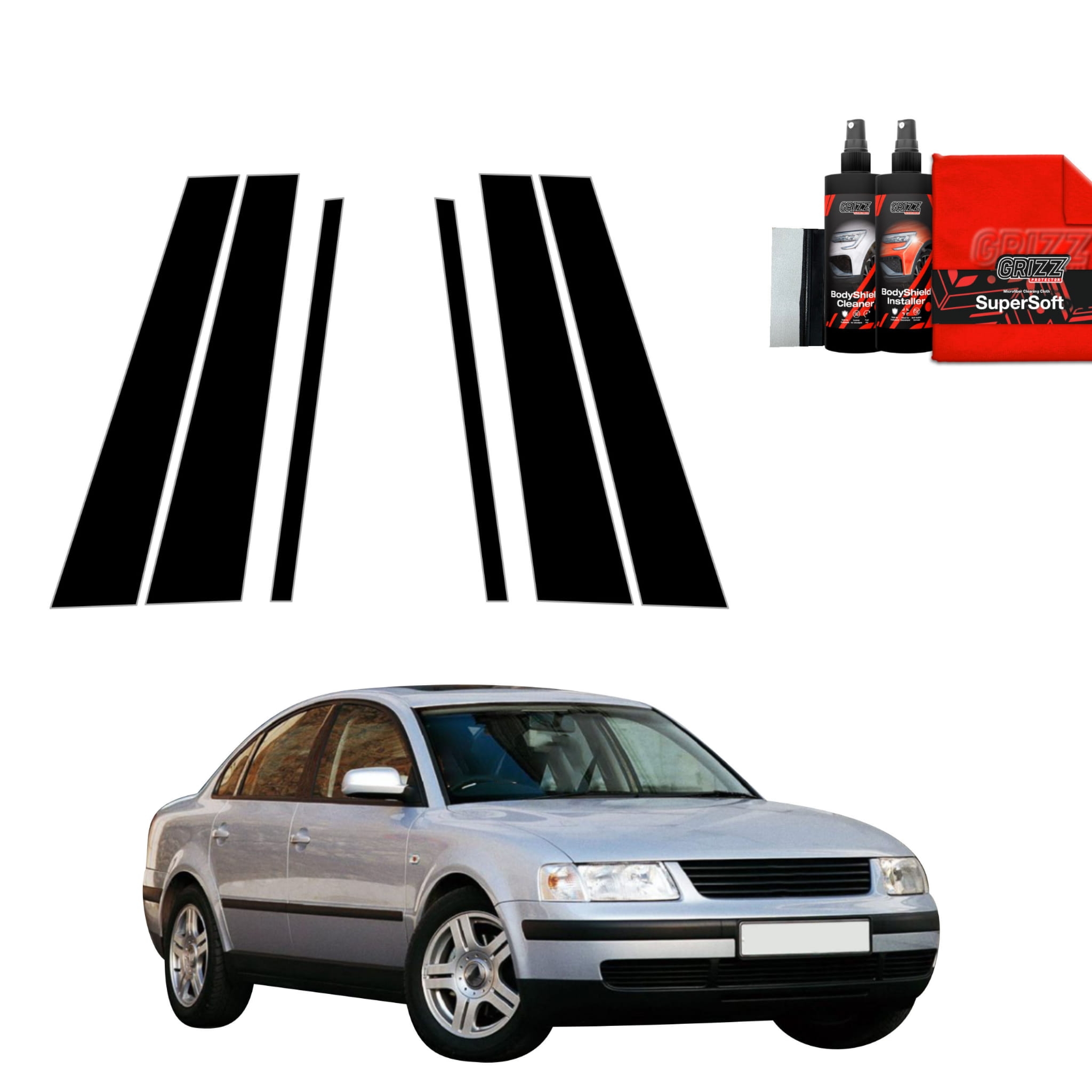 6w1 Czarna folia Grizz Protector na słupki do Volkswagen Passat B5 Sedan (1996-2000)