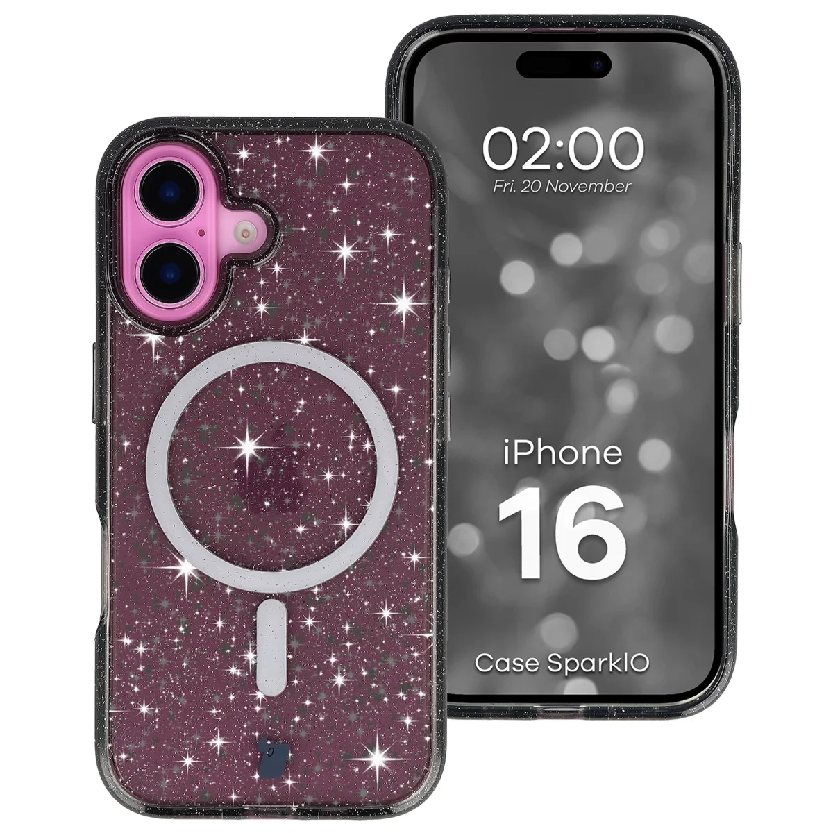 Etui brokatowe z pierścieniem magnetycznym Bizon Case SparklO do iPhone 16, przezroczysto-czarne z brokatem
