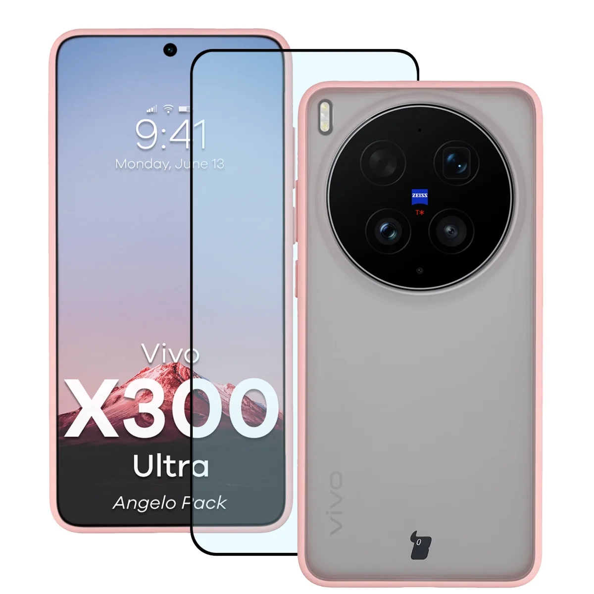 Etui + szkło hartowane Bizon Angelo Pack do Vivo X300 Ultra, półprzezroczyste z jasnoróżową ramką