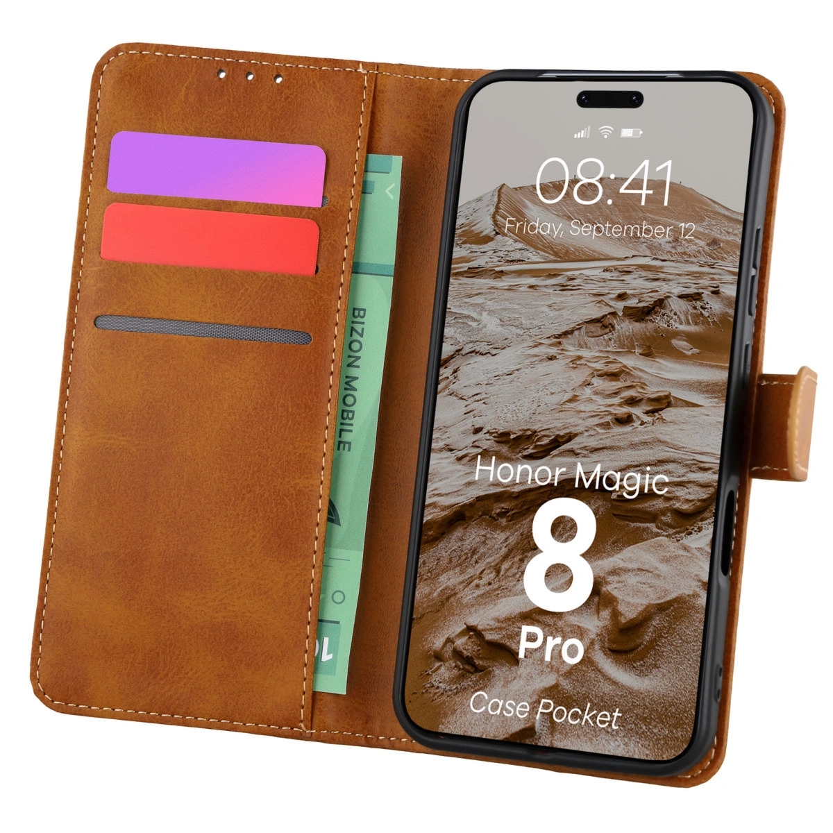 Etui z klapką Bizon Case Pocket do Honor Magic8 Pro, brązowe
