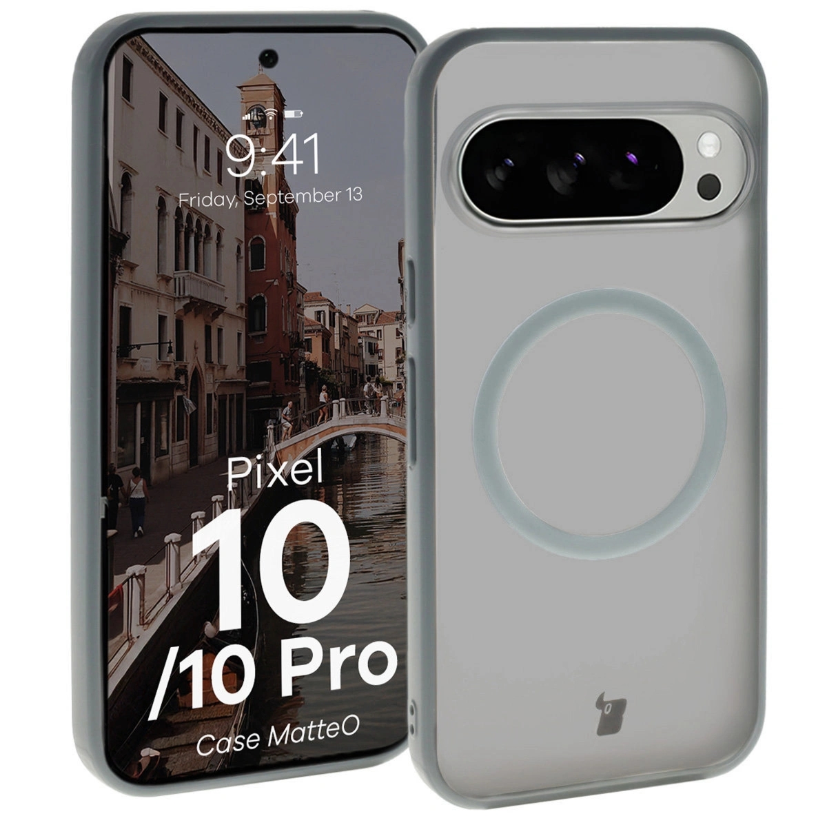 Etui z pierścieniem magnetycznym Bizon Case MatteO do Pixel 10 / 10 Pro, przydymione-szare