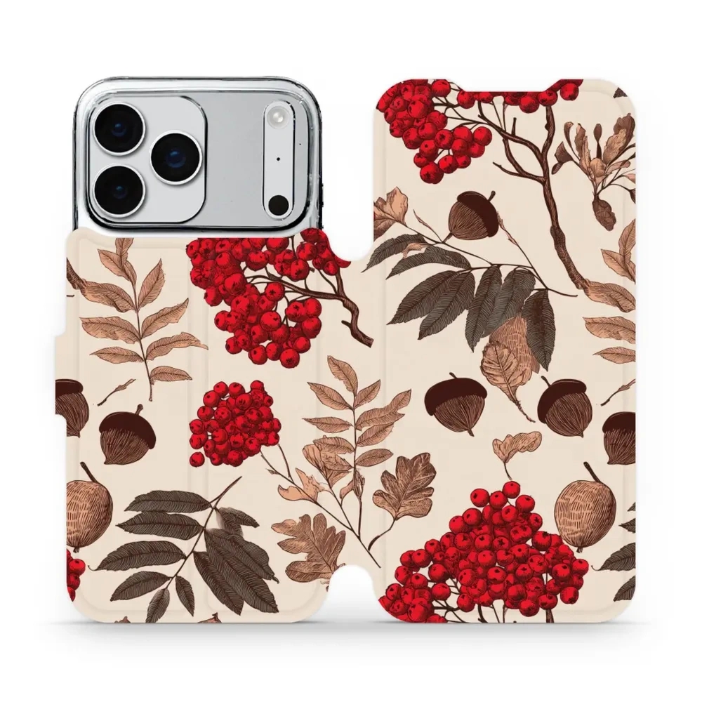 Etui z klapką do iPhone 17 Pro Max, Mobiwear Book, jarzębina na ecru